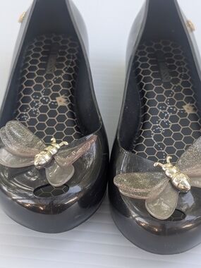 Mini Melissa Black Jelly Flats with Gold Bee and Glitter Wings
